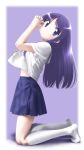  absurdres arms_up blue_skirt commentary_request from_side full_body hands_clasped hands_on_own_face hands_together highres hinata_yukari kneehighs kneeling long_hair own_hands_together purple_eyes purple_hair school_uniform school_uniform_(yuyushiki) serafuku shirt shirt_lift skirt smile solo tora_tsugumi white_legwear white_shirt yuyushiki 
