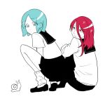  alternate_costume androgynous aqua_eyes aqua_hair contemporary full_body green_eyes green_hair hair_between_eyes houseki_no_kuni long_bangs looking_at_another multiple_others phosphophyllite red_eyes red_hair sailor_collar school_uniform shinsha_(houseki_no_kuni) short_hair sitting skirt snail sparkle squatting usako_(arisusagi) white_background 