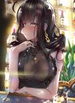  absurdres ahoge alcohol alternate_costume armlet bad_id bad_pixiv_id bangs black_dress blunt_bangs blurry blush breasts brown_hair casual champagne_flute choker cleavage closed_mouth cup depth_of_field dress drinking_glass dsr-50_(girls_frontline) earrings elbow_rest eyebrows_visible_through_hair girls_frontline hand_up highres indoors jewelry keyring large_breasts light_particles long_hair looking_to_the_side no_bra red_eyes saprkle sidelocks sitting smile solo upper_body very_long_hair yusan 