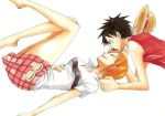  1boy 1girl black_eyes black_hair blush couple duo female hat lunami male monkey_d_luffy nami_(one_piece) one_piece orange_hair pirate short_hair smile straw_hat_pirates tattoo 