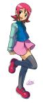  arms_behind_back bangs blush breasts brown_eyes commentary_request dated eyebrows_visible_through_hair full_body happy head_tilt highres leg_up long_sleeves looking_at_viewer miniskirt official_style open_mouth pink_skirt purple_hair rockman rockman_exe sakurai_meiru shoes short_hair shoutaro_saito sidelocks signature simple_background skirt small_breasts smile solo standing thighhighs thighs white_background zettai_ryouiki 