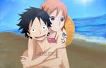  1boy 1girl black_eyes black_hair blush couple duo female hat lunami male monkey_d_luffy nami_(one_piece) one_piece orange_hair pirate short_hair smile straw_hat_pirates tattoo 