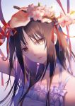  brown_eyes brown_hair cherry_blossoms dress flower gradient gradient_background hand_up long_hair looking_at_viewer original red_ribbon ribbon shenteita simple_background solo upper_body white_dress 