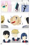  001_(darling_in_the_franxx) 2boys 3girls 3koma black_hair blank_eyes blonde_hair blue_eyes blue_hair blue_sky colored comic darling_in_the_franxx eyebrows_visible_through_hair eyes_closed facial_scar glasses gorou_(darling_in_the_franxx) green_eyes hair_ornament hairclip hiro_(darling_in_the_franxx) ichigo_(darling_in_the_franxx) multiple_boys multiple_girls pink_hair red_eyes scar signature speech_bubble sweatdrop thick_eyebrows thought_bubble white_hair white_hairclip yolo_generations zero_two_(darling_in_the_franxx) 