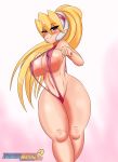  bangs blonde_hair blush breasts ciel_(rockman) erect_nipples eyebrows_visible_through_hair female hair_between_eyes headgear high_ponytail huge_breasts long_hair midriff navel ponytail purple_swimsuit rockman rockman_zero slingshot_swimsuit smile solo swimsuit thick_thighs tumother wide_hips 