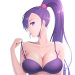  bare_shoulders bra breasts cleavage collarbone dragon_quest dragon_quest_xi eyelashes fujimura_hinami hand_up high_ponytail highres large_breasts long_hair martina_(dq11) open_mouth pulled_by_self purple_bra purple_eyes purple_hair simple_background solo strap_pull underwear upper_body very_long_hair white_background 