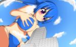  bikini blue_hair breast_hold building cloud flustered giantess growth huge_giantess looking_down moralgear sidetails 