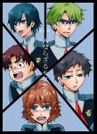  5boys black_hair blonde_hair blue_eyes brown_eyes brown_hair darling_in_the_franxx dmhitsuji eyebrows_visible_through_hair futoshi_(darling_in_the_franxx) glasses gorou_(darling_in_the_franxx) green_eyes hiro_(darling_in_the_franxx) long_sleeves male_focus military military_uniform mitsuru_(darling_in_the_franxx) multiple_boys necktie open_mouth purple_eyes red_neckwear tears translation_request uniform zorome_(darling_in_the_franxx) 