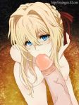  amputee blonde_hair blue_eyes braid breasts censored erection fellatio from_above ginko_(silver_fox) hair_intakes hair_ribbon kneeling looking_at_viewer looking_up mosaic_censoring nipples nude oral penis red_ribbon ribbon solo_focus violet_evergarden violet_evergarden_(character) 