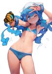  ;) arm_up armpits ass_visible_through_thighs ataruman bikini blue_bikini blue_eyes blue_hair bracelet commentary_request contrapposto cowboy_shot flat_chest hands_up hat highres ikamusume jewelry navel one_eye_closed shinryaku!_ikamusume simple_background smile solo standing swimsuit tentacle_hair unfinished water_gun white_background 