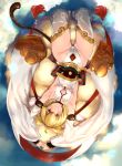  absurdres ahoge andira_(granblue_fantasy) armpits arms_up ass_visible_through_thighs blonde_hair blush breasts choker cleavage_cutout closed_mouth commentary_request detached_sleeves erune flying_nimbus from_above fur_trim granblue_fantasy hairband hands_together highleg highleg_leotard highres interlocked_fingers leotard looking_at_viewer lying monkey_tail nekoshoko on_back red_eyes sash short_hair sideboob smile solo tail white_legwear white_leotard 