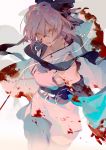  black_bow blood blood_on_face bloody_clothes bow breasts detached_sleeves fate/grand_order fate_(series) garter_straps hair_bow japanese_clothes katana kimono looking_at_viewer medium_breasts messy_hair obi okita_souji_(fate) okita_souji_(fate)_(all) pink_hair rei_(sanbonzakura) running sash solo sword thighhighs weapon yellow_eyes 