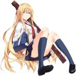  bag bag_charm bandaid bandaid_on_face blonde_hair blue_eyes cardigan_around_waist charm_(object) commentary convenient_leg hachimaki headband highres kimura_(ykimu) loafers long_hair original school_bag school_uniform shoes solo very_long_hair weapon_bag white_background 