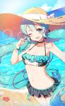  ;d absurdly_long_hair arm_up bangs bare_shoulders beach bikini black_bikini blue_eyes blue_hair blue_nails blush bow breasts cleavage collarbone commentary_request day eyebrows_visible_through_hair fingernails hair_between_eyes hair_ornament hat hat_bow hatsune_miku head_tilt highres jewelry long_hair medium_breasts nail_polish necklace ocean one_eye_closed open_mouth outdoors round_teeth sand seashell shell smile solo standing starfish straw_hat sun_hat swimsuit teeth tp_(kido_94) twintails upper_teeth v very_long_hair vocaloid water white_bow 