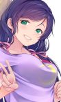  breasts collarbone commentary eyebrows_visible_through_hair green_eyes hair_ribbon hair_tie head_tilt highres kate_iwana long_hair love_live! love_live!_school_idol_project low_twintails off-shoulder_shirt purple_hair purple_shirt ribbon shirt smile sweat sweatdrop toujou_nozomi twintails v 