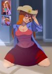  2017 anthro big_breasts black_nose breasts canine cleavage clothed clothing disney eyelashes eyewear female flower fully_clothed glasses goof_troop hair hat jacket long_hair looking_at_viewer mammal nails plant red_hair shirt signature skirt smile stacey_(goof_troop) teeth tovio_rogers 