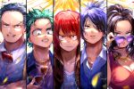  4boys alternate_costume alternate_hairstyle anezu artist_name black_hair blue_eyes blue_hair boku_no_hero_academia bow breasts cleavage collared_shirt commentary_request disguise dress facial_hair freckles glasses green_eyes green_hair hair_down hair_over_one_eye horns iida_tenya jacket jewelry kirishima_eijirou looking_at_viewer midoriya_izuku multiple_boys mustache necklace parted_lips red_eyes red_hair shirt sunglasses todoroki_shouto yaoyorozu_momo 