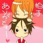  1boy 1girl black_eyes black_hair blush couple duo female hat lunami male monkey_d_luffy nami_(one_piece) one_piece orange_hair pirate short_hair smile straw_hat_pirates tattoo 