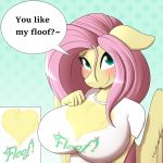  ! &lt;3 2018 5_fingers ? anthro big_breasts blush breasts chest_tuft clothed clothing cute dialogue dotted_background english_text equine eyebrows eyelashes feathered_wings feathers female floppy_ears fluttershy_(mlp) friendship_is_magic fur green_background hair half-length_portrait hi_res long_hair looking_at_viewer mammal my_little_pony pattern_background pegasus pink_hair portrait shirt silverfox057 simple_background smile solo talking_to_viewer teal_eyes text tuft wings yellow_feathers 