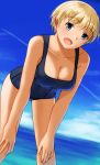  blue_eyes blush brave_witches breasts cleavage highres hiroshi_(hunter-of-kct) large_breasts looking_at_viewer nikka_edvardine_katajainen ocean open_mouth school_swimsuit sky smile strike_witches swimsuit world_witches_series 