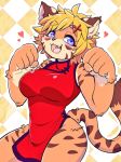  1girl artist_request blonde_hair blue_eyes borrowed_character chinese_clothes fu-chan furry open_mouth short_hair solo tiger 