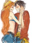  1boy 1girl black_eyes black_hair blush couple duo female hat lunami male monkey_d_luffy nami_(one_piece) one_piece orange_hair pirate short_hair smile straw_hat_pirates tattoo 