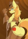  2018 anthro anthrofied blonde_hair braeburn_(mlp) butt chaps clothing cowboy_hat cutie_mark digital_media_(artwork) earth_pony equine friendship_is_magic gloves green_eyes hair hat hi_res horse jrvanesbroek leather looking_at_viewer looking_back male mammal my_little_pony pony rope smile solo vest 