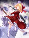  aka_tawashi bangs blonde_hair boots bow commentary_request dress elly hat hat_bow hat_ribbon highres holding holding_scythe long_sleeves looking_at_viewer red_bow red_dress red_ribbon ribbon scythe short_hair smile solo touhou touhou_(pc-98) white_footwear white_hat yellow_eyes 