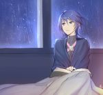  aqua_(kingdom_hearts) bangs blue_eyes blue_hair book closed_mouth eyebrows_visible_through_hair gogo_(detteiu_de) hair_between_eyes highres kingdom_hearts kingdom_hearts_birth_by_sleep medium_hair open_book rain signature solo turtleneck window 