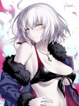  ahoge artist_name bangs blue_coat blush breasts cleavage coat collarbone commentary_request eyebrows_visible_through_hair fate/grand_order fate_(series) fur-trimmed_coat fur_trim hand_on_hip jeanne_d'arc_(alter)_(fate) jeanne_d'arc_(fate)_(all) jewelry kousaki_rui large_breasts necklace off_shoulder open_clothes open_coat pale_skin raised_eyebrow short_hair signature silver_hair solo wicked_dragon_witch_ver._shinjuku_1999 yellow_eyes 