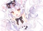  :3 :d animal_ears armpits arms_up azur_lane bangs black_bow black_ribbon blush bow breasts brown_eyes cat_ears center_frills commentary_request dress eyebrows_visible_through_hair fang frilled_dress frilled_sleeves frills from_above hair_between_eyes hair_bow hair_ribbon highres large_breasts long_hair long_sleeves looking_at_viewer mayuzaki_yuu off-shoulder_dress off_shoulder open_mouth outstretched_arms ribbon ribbon-trimmed_sleeves ribbon_trim sideboob sidelocks silver_hair smile solo white_background white_bow white_dress white_ribbon yukikaze_(azur_lane) 