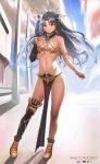  absurdres armlet asymmetrical_legwear asymmetrical_sleeves bangs black_hair black_ribbon commentary_request detached_sleeves earrings fate/grand_order fate_(series) gold_trim hair_ribbon highres hoop_earrings ishtar_(fate/grand_order) jewelry long_hair long_legs looking_at_viewer midriff navel neck_ring parted_bangs powda red_eyes ribbon single_detached_sleeve single_thighhigh smile solo thighhighs tiara two_side_up 