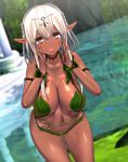  3d :d bangs bare_arms bare_shoulders belly_chain blush breasts brown_eyes cleavage collarbone commentary_request cowboy_shot custom_maid_3d_2 dark_elf dark_skin day elf eyebrows_visible_through_hair hair_between_eyes hands_up headpiece highres jewelry large_breasts leaf_bikini looking_at_viewer midriff minamo_rm navel open_mouth original outdoors pointy_ears shiny shiny_skin short_hair shouting sidelocks silver_hair smile solo stomach wrist_cuffs 
