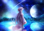  bangs blunt_bangs full_moon hat long_hair mob_cap moon mountain patchouli_knowledge purple_eyes purple_hair ram_hachimin reflection robe shooting_star sideways_glance sky solo star_(sky) starry_sky touhou tree wading water 