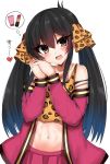  :d animal_print bangs bare_shoulders black_hair blush brown_eyes camisole collarbone commentary_request eyebrows_visible_through_hair hair_between_eyes hair_ribbon hands_clasped head_tilt heart heart_necklace highres idolmaster idolmaster_cinderella_girls jacket leopard_print lipstick lipstick_tube long_hair looking_at_viewer makeup matoba_risa midriff navel off_shoulder open_mouth own_hands_together pink_jacket pink_skirt pleated_skirt print_camisole print_ribbon ribbon ricroot simple_background skirt smile solo spoken_object translation_request twintails very_long_hair white_background 