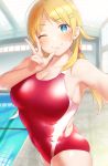  ;) arm_up ass blonde_hair blue_eyes blush breasts cleavage commentary_request competition_swimsuit covered_navel cowboy_shot eyebrows_visible_through_hair hachimiya_meguru hair_ornament hairclip hand_up highres idolmaster idolmaster_shiny_colors indoors large_breasts long_hair looking_at_viewer low_twintails nekoshoko one-piece_swimsuit one_eye_closed pool poolside reaching_out red_swimsuit self_shot skindentation smile solo swimsuit twintails w 