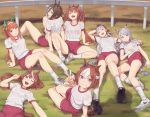  :o ;d animal_ears black_bra blue_bra blue_eyes bra bra_through_clothes brown_eyes brown_hair daiwa_scarlet dirty_clothes gold_ship grass green_eyes grin gym_shorts gym_uniform hair_ribbon hand_on_own_stomach heavy_breathing highres horse_ears horse_girl horse_tail looking_at_viewer lying mejiro_mcqueen multiple_girls nike on_back one_eye_closed open_mouth orange_hair pink_bra purple_eyes railing ribbon see-through shadow shirt shoes shorts silence_suzuka sitting smile sneakers socks special_week sweat tail tokai_teio umamusume underwear v vodka_(umamusume) wet wet_clothes wet_shirt white_bra white_hair white_legwear yunamul 