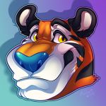  2018 anthro black_eyebrows black_fur black_stripes blue_nose digital_media_(artwork) eyebrows feline frosted_flakes fur gradient_background headshot_portrait looking_at_viewer male malibupup mammal multicolored_fur orange_fur portrait signature simple_background smile solo striped_fur stripes tiger tony_the_tiger white_fur yellow_eyes 