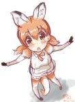  :o absurdres apron blush commentary_request denim denim_shorts from_above gloves highres juliet_sleeves kangaroo_ears kangaroo_tail kemono_friends long_sleeves looking_at_viewer manabe_mana multicolored_hair neck_ribbon open_mouth orange_hair outstretched_arms puffy_sleeves red_kangaroo_(kemono_friends) ribbon short_hair short_shorts shorts signature solo thighhighs twintails twitter_username white_hair 