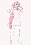  akashi_(kantai_collection) full_body green_eyes hair_ribbon hand_on_hip kantai_collection long_hair looking_at_viewer nurse ojipon open_mouth pantyhose parted_lips pink_hair ribbon simple_background smile solo standing stethoscope tress_ribbon white_background white_legwear 