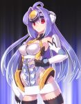  android armpits bare_shoulders blue_hair breasts commentary_request cyborg elbow_gloves expressionless forehead_protector gloves graphite_(medium) highleg kos-mos leotard long_hair red_eyes solo standing thighhighs traditional_media very_long_hair xenosaga xenosaga_episode_i yukimura_tsubame 
