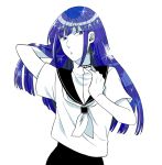  alternate_costume androgynous blue_eyes blue_hair contemporary hair_flip high_collar houseki_no_kuni lapis_lazuli_(houseki_no_kuni) long_hair looking_at_viewer neck_scar phosphophyllite phosphophyllite_(ll) sailor_collar scar school_uniform solo spoilers upper_body usako_(arisusagi) white_background 