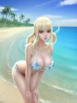  1girl beach bikini blonde_hair breasts brown_eyes cleavage curvy fairy_tail gohpot highres large_breasts legs looking_at_viewer lucy_heartfilia sea sideboob sidelocks smile solo swimsuit tattoo thick_thighs thighs twintails water 