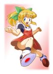  blonde_hair blue_eyes blunt_bang bow capcom dress eyebrows_visible_through_hair fringe full_body green_bow hair_bow happy hood hood_down hooded_dress jumping long_hair miyako_(toykingpaint) red_dress red_footwear rockman rockman_(classic) rockman_11 roll shoes short_sleeves sidelocks small_breasts smile teeth tongue white_border zipper_pull_tab 