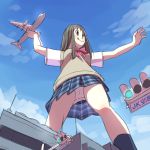  1girl :&gt; airplane brown_hair city from_below giantess pantyshot playing school_uniform sky syego tongue_out 