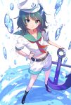  anchor belt black_hair blue_eyes boots commentary_request full_body hand_on_hip hat highres looking_at_viewer medium_hair murasa_minamitsu navel neckerchief red_neckwear sailor sailor_collar sailor_hat shorts solo standing touhou toyosaka water 
