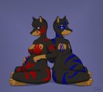  2018 anthro belly big_belly blue_eyes bodypaint breasts canine dashraptor doberman dog duo female fur hair male male_pregnancy mammal navel nude outie_navel pregnant sibling simple_background sitting smile twins 