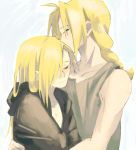  alphonse_elric androgynous antenna_hair bare_arms black_coat black_shirt blonde_hair blue_background braid brothers chest closed_eyes coat covering edward_elric eyelashes fullmetal_alchemist hair_over_one_eye height_difference hug kao_(kaoree) light_smile long_hair looking_away male_focus multiple_boys nude nude_cover profile shirt siblings simple_background sleeveless smile spoilers standing two-tone_background upper_body white_background yellow_eyes 