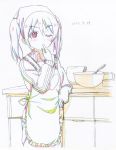  apron bowl colored_pencil_(medium) counter dated eyebrows_visible_through_hair finger_licking flour green_apron hand_on_hip head_scarf highres licking long_sleeves love_live! love_live!_school_idol_project mixing_bowl one_eye_closed pink_x red_eyes short_hair solo sweater tasting traditional_media twintails whisk wing_collar yazawa_nico 