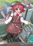  building cap child city destruction earring fang from_above giantess mystia_lorelei red_hair smile street touhou train vostok_(vostok061) wings 